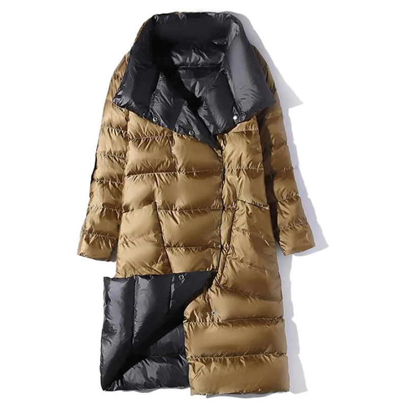 Veste longue double face en duvet de canard blanc pour femme, manteau à col roulé, parkas à double boutonnage, vêtements de neige chauds, hiver