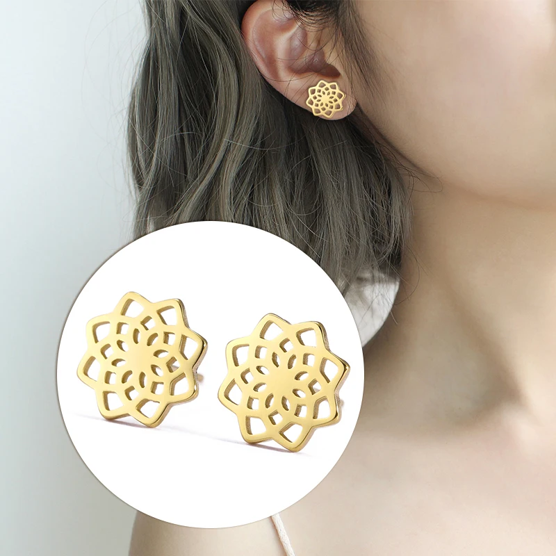 Skyrim Rose Flower Lotus Tree Stud Earrings Women Girls Stainless Steel Gold Color Black Mini Earring Studs Jewelry Gift New