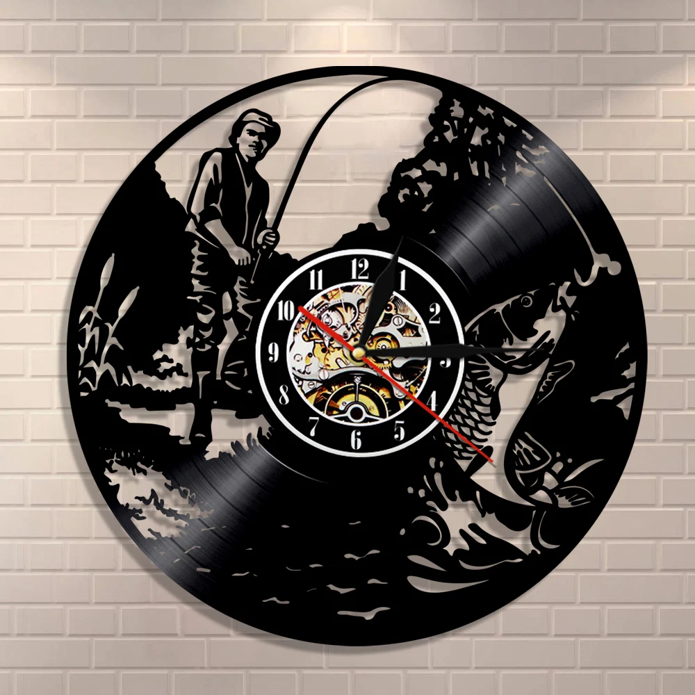 Fishing Fishmen Silhouette Shadow Art Decorative 3D Wall Clock Modern Design Vinyl Record Hanging Watches Gift For Fishing Lover