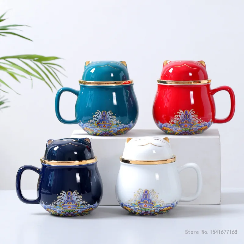 NONE Chinesische Cartoon Keramik Katze Becher Büro Teetasse mit Abdeckung getrennt Teetasse für Tee Geschenk Tasse 320 ml, 1 Stück