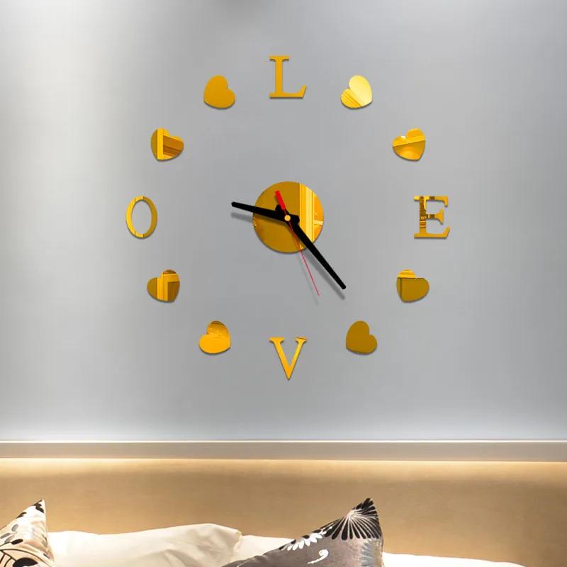 LOVE AND HEART Wall Clock 3D DIY Acrylic Mirror Stickers Clock Watch  Living Room Bedroom Home Decor Large Silent Elreloj Mural