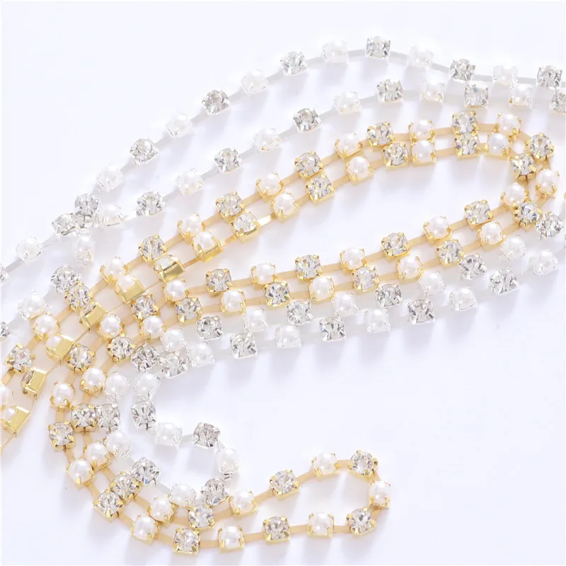 New 4mm Crystal Glass ABS Pearl Rhinestone Chain with Silver Base Faltback Sewing Accessories for  Garment Bags decorations