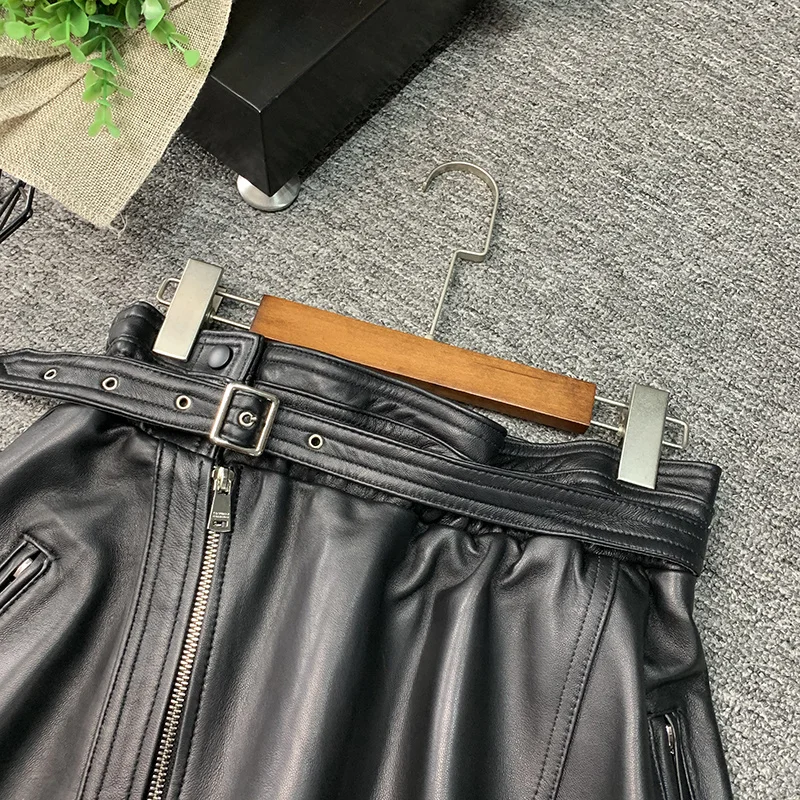 Sheepskin Women Sashes Zipper A-Line Short Skirts Punk Style Genuine Leather High Waist Black Mini Skirts Fashion Pleated Skirt