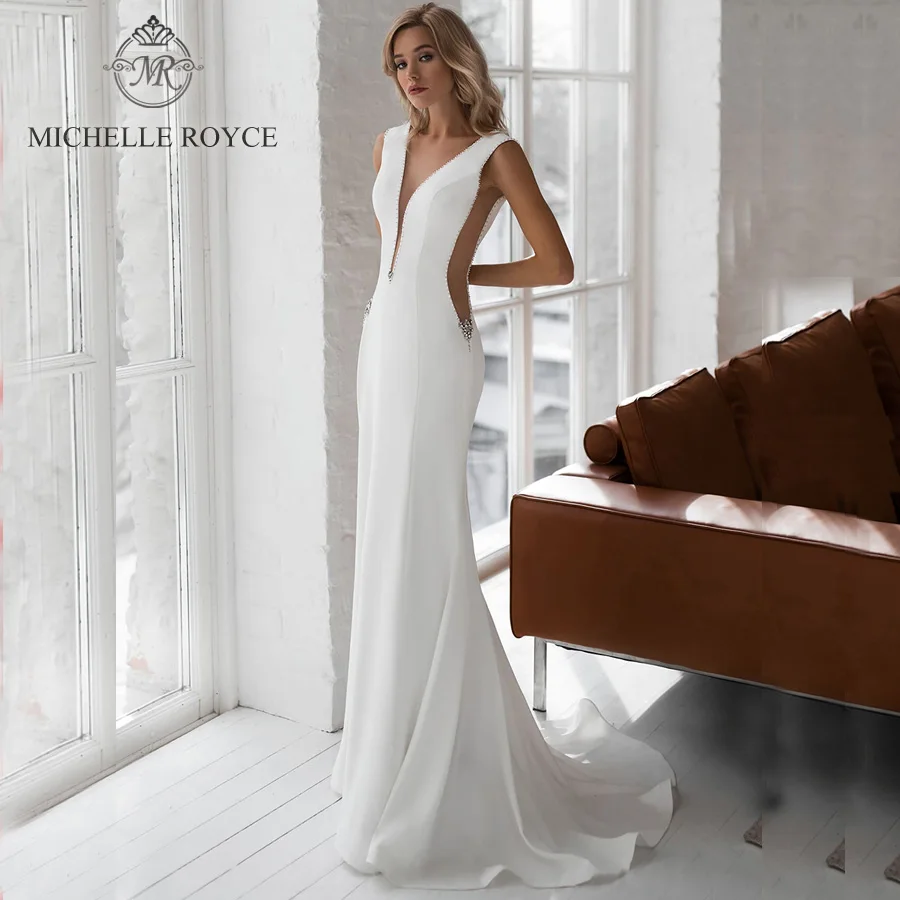 

Michelle Royce A-Ling Wedding Dresses 2020 Sexy Deep V-neck Elegant Sleeveless Beaded Backless Court Train Vestido De Novia