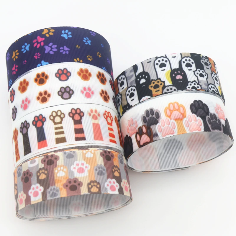 DUWES 50yards Dog Cat Paw Printed Grosgrain Ribbon Accessory Hairbow Headwear Decoration DIY Wholesale OEM D1414