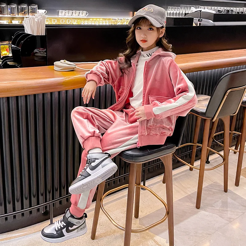 

Girls Clothes Sets Velvet Suits Winter Warm Kids Streetwear Tracksuit Jacket+Pants 2pcs Sports Outfits Kids Clothing Sets 5-14Y