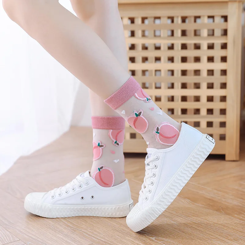 

1Pairs Transparent Socks Embroidery Flower Socks for Women Fashion Fruit AB Sock Girls Female Harajuku Casual Floral Socks 35-44