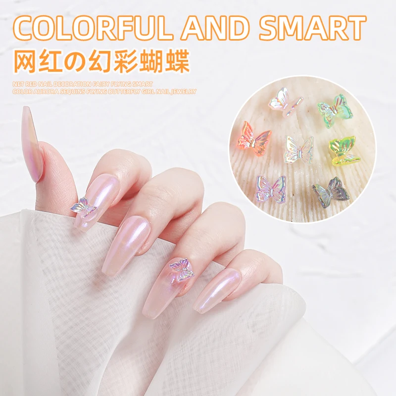 50PCS/BAG 3D Simulation Dazzle Flying Butterfly Nail Art Decorations Super Shiny DIY UV Gel Manicure Accessories 8 Colors Mixed