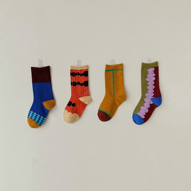 4 Pairs/lot 1 to 8 Years Kids Soft Cotton Socks Spring Autumn Baby Boy Girl Cute Cartoon Stripe Plaid Fashion School Socks