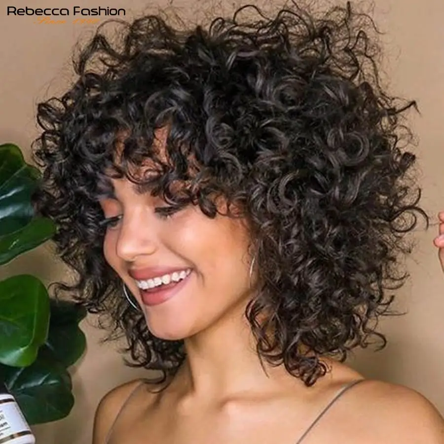 Rebecca Short Curly Human Hair Wigs For Black Women Peruvian Remy Full Wig With Bangs Bouncy Curl Black Cosplay Wigs Nature Wave