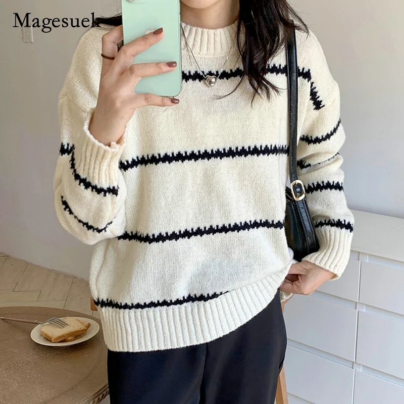 

Autumn Winter New Loose Striped Sweater Woman Korean O-neck Long Sleeve Pullover Sweater Women Fashion Casual Knit Sweates 17841