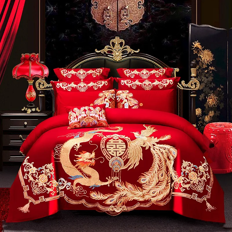 

Bedding Set Luxury Golden Dragon Phoenix Embroidery Home Textile Chinese Wedding Red Cotton Duvet Cover Bed Sheet Pillowcases