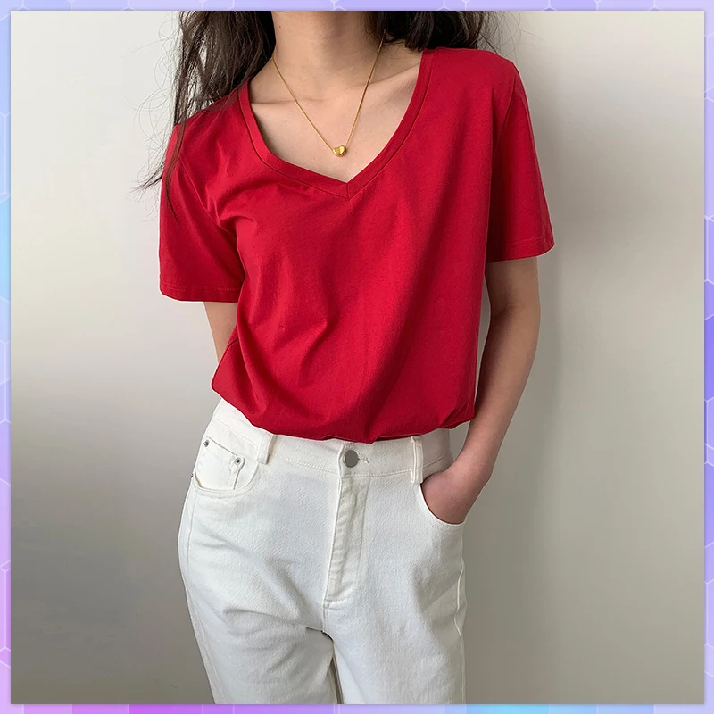 8 Colors Oversized Cotton T-shirt Solid Top Woman T-shirts Women Short Sleeve Shirts For Summer 2021 V-neck Tees Female Clothing