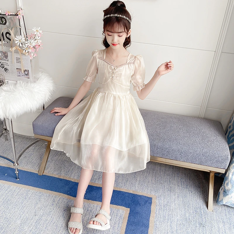 

2022 Summer Korean Style Kids Elegant Dress for Girls Princess Children's Silk Dresses Kids Clothing Girls Party Dresses 4-13Yrs