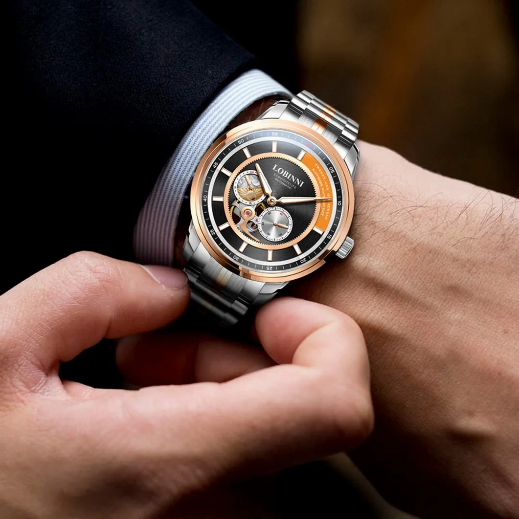 

LOBINNI Мужские автоматические часы 41,5 мм Механические наручные часы 50 м Водонепроницаемые сапфировые Miyota 82S7 Скелетный циферблат 24 часа Малая секундная стрелка