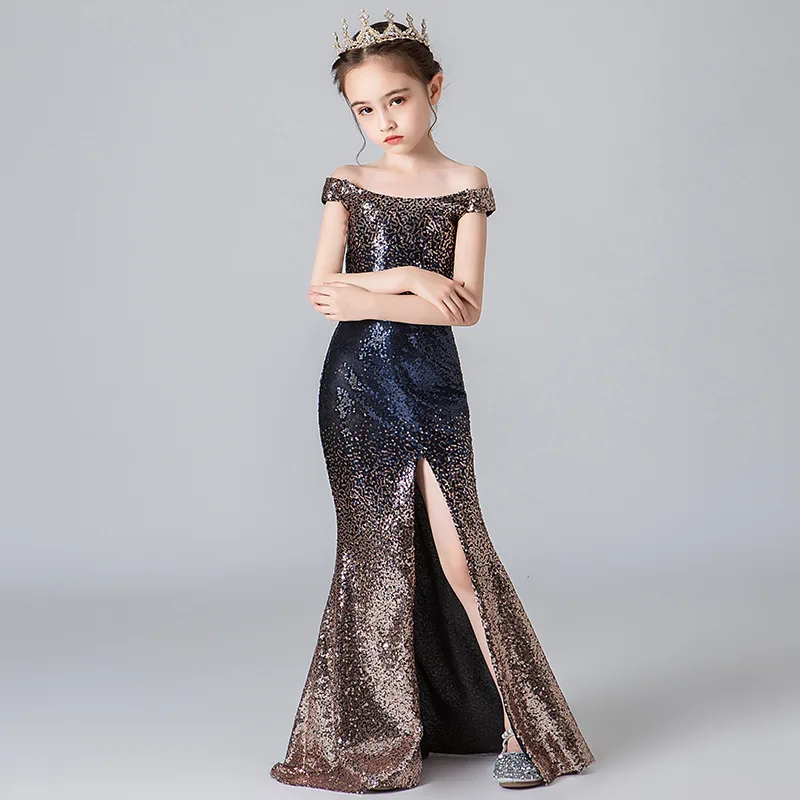 Girl Black Sequined Mermaid Dress Kids Elegant Gowns Children Sleeveless Princess Frocks Girls Wedding Birthday Party Dresses