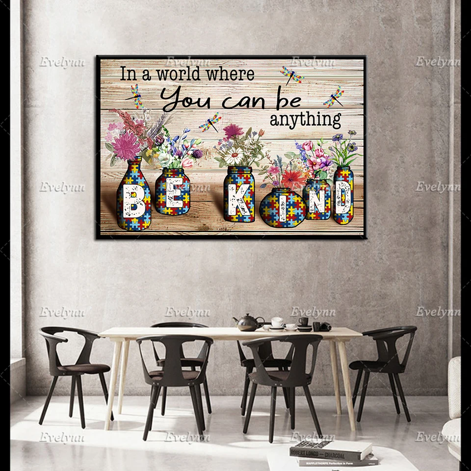 

Be Kind Wall Art, Autism Awareness Canvas Art,Autism Vintage Wall Art, Mason Jar Print,Rustic Farmhouse Home Decor Unique Gift