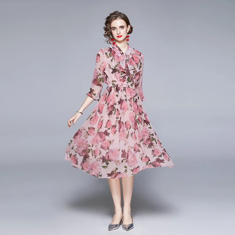 

ZUOMAN Women Summer Elegant Floral Dress Festa High Quality Long Pink Wedding Party Robe Femme Runway Bow Designer Vestidos