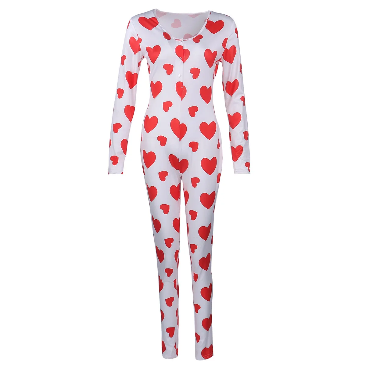 Valentine\'s Day Womens Sexy Print Home Onesies Jumpsuit Sleepwear Long Sleeve Bodycon Bodysuit Romper Trousers Pajamas One Piece