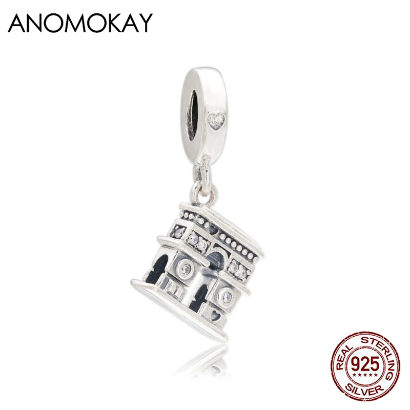 Anomokay New 925 Silver Arc de Triomphe Castle Charm Pendant fit Bracelet & Bangle Prong Setting White Crystal Silver Beads