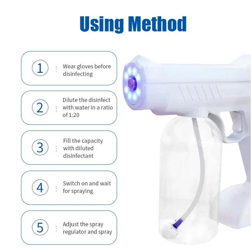 2020 Rechargable Nano Mist Wireless Disinfection Spray Gun Electric Atomizer For Sterilization Disinfection With 8 Light 800ML