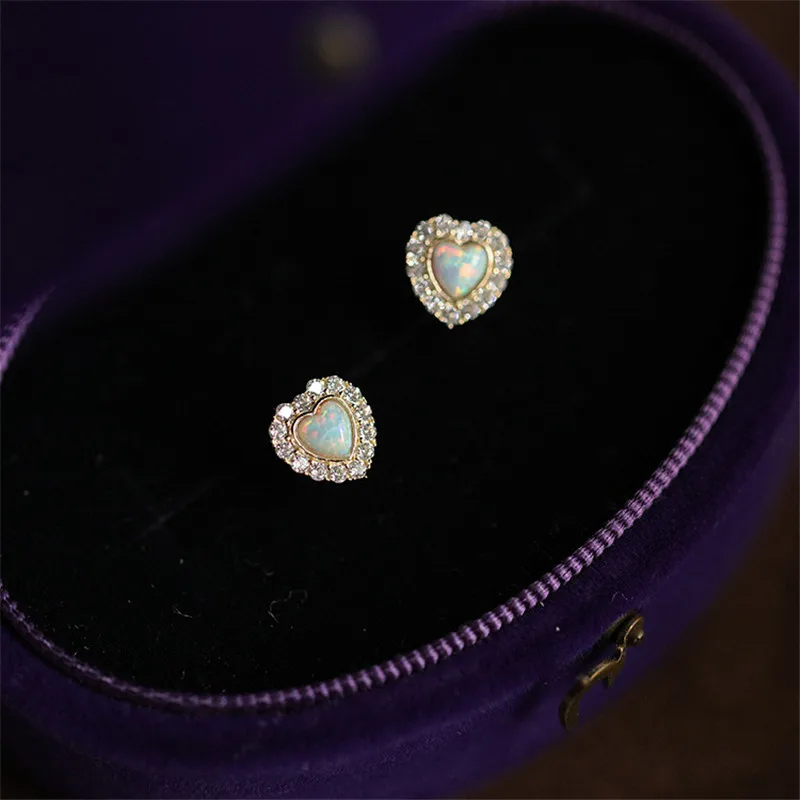 925 Sterling Silver French Opal Stone Heart Kolczyki sztyfty dla kobiet Pavé Zircon Light Luksusowy ślub 14-karatowe złocenie — zdjęcie 5