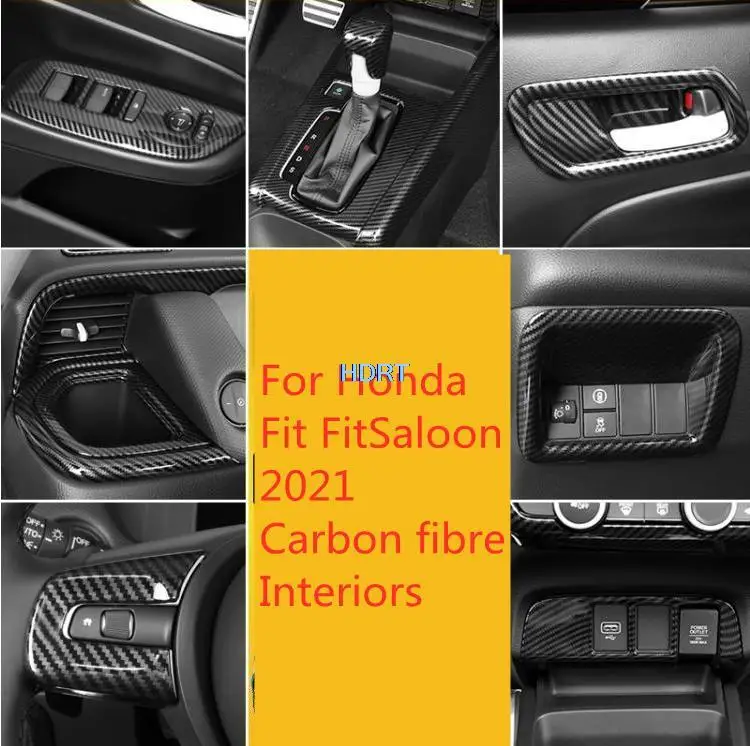 For Honda Fit FitSaloon 2021 Carbon fibre Interiors Style Armrest Window Glass Elevator Button Decoration Frame Cutout Cover