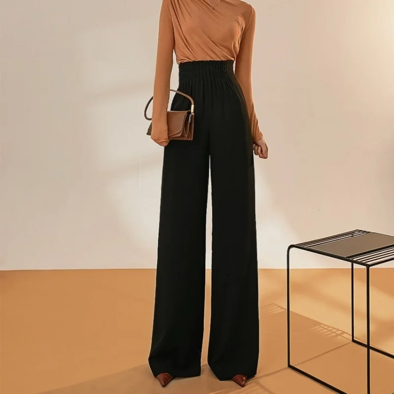 

Ladies Office Long Loose Fit Pleated Wide Leg Pants Women High Waist Cargo Pants Spring Fashion Trousers OL Floor Length Pants