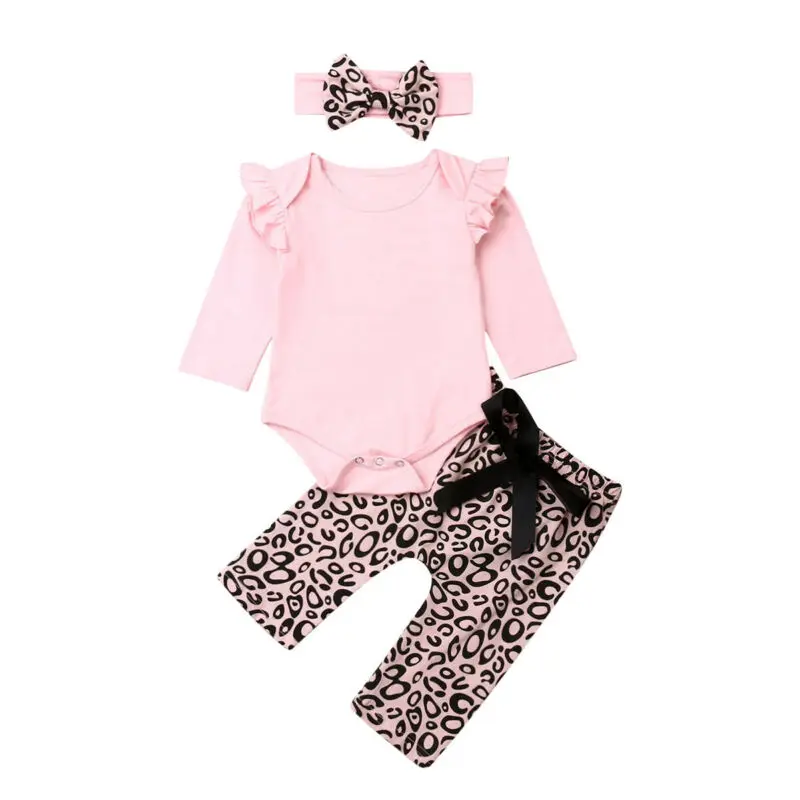 Citgeett Autumn Newborn Baby Girls Clothes Long Sleeve Pink Tops+Leopard Bowknot Pants Outfit Fall Set