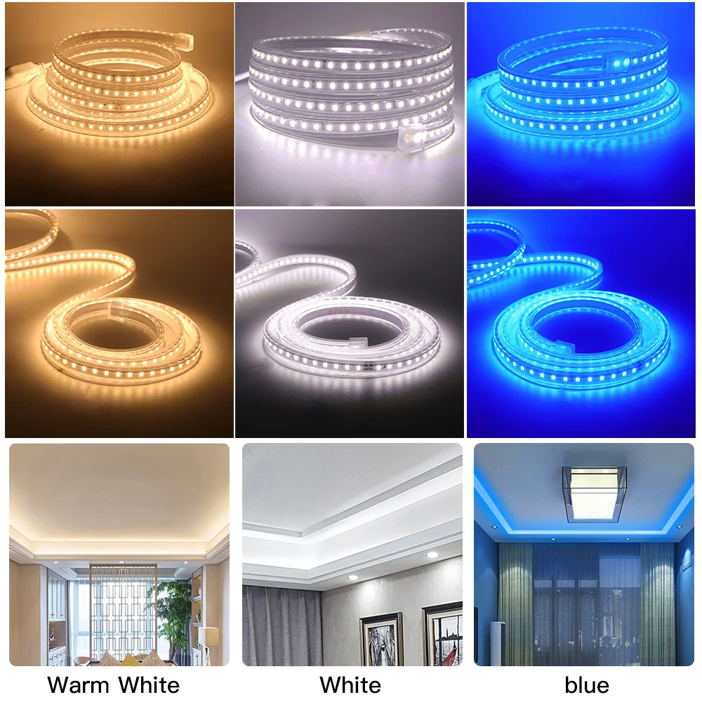 Led luz tira 2835, 220v, 120leds/m, ip67, decoração impermeável, interior e exterior, legal/quente branco/azul