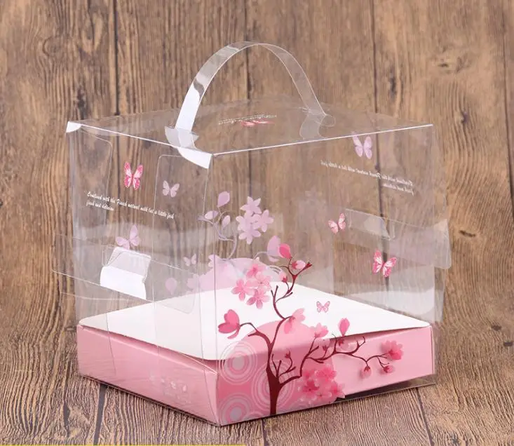 15x15x15cm pink plastic box with handle Transparent PVC cake boxes Wedding Favors and Gifts Paper Candy Box 100pcs SN3137