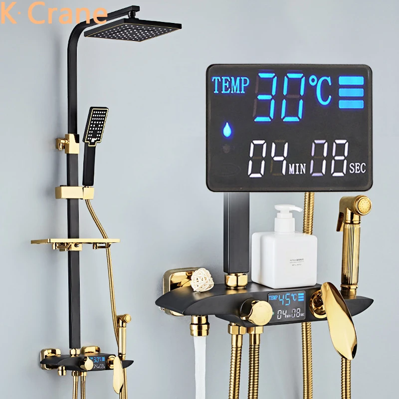 Digital Shower Set Bathroom Smart Thermostatic Shower System Wall Mount Hot Cold Bath Faucet Square Head SPA Rain Fall Black Tap