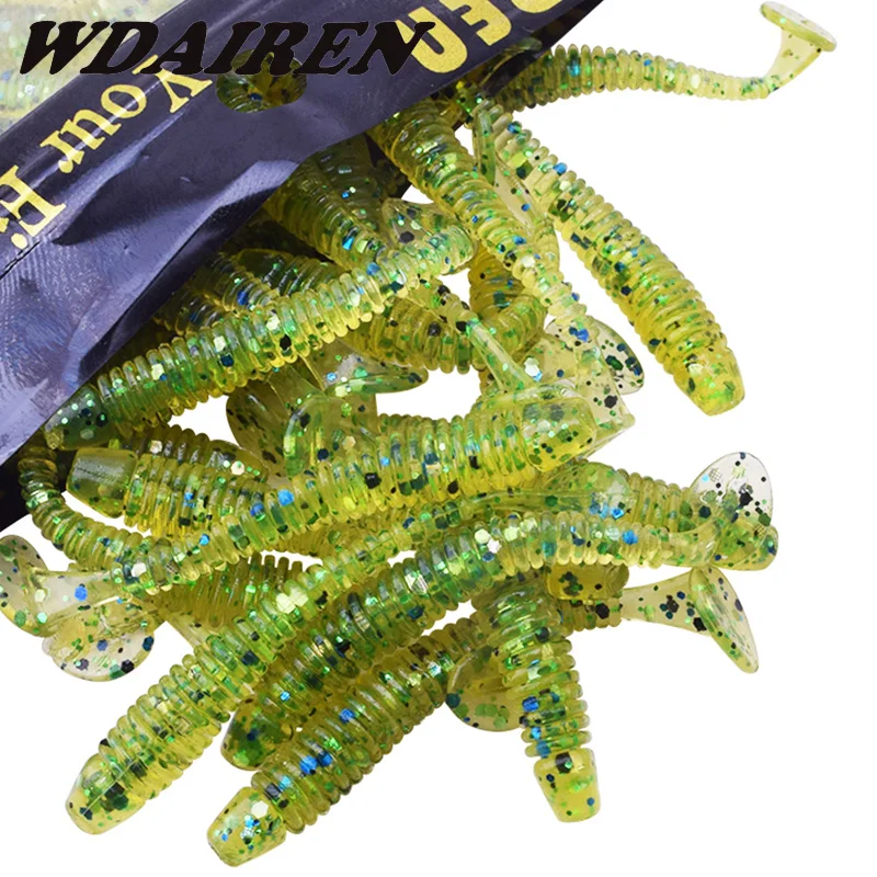 WDAIREN 50pcs Worms Fishing Lure T tail Soft Baits 50mm 0.8g Fishing Jig Wobbler Bass Bait Artificial Fishing soft Lure Tacke