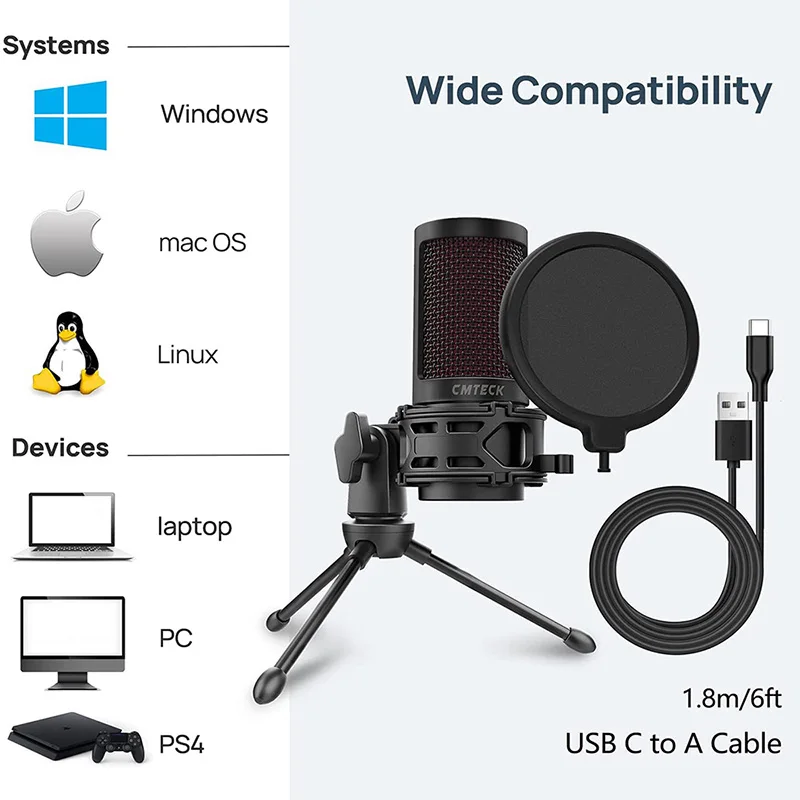 Microfono USB, microfono Desktop da gioco a condensatore per PC portatile, con pulsante Mute, supporto antiurto antivibrazioni, filtro Pop