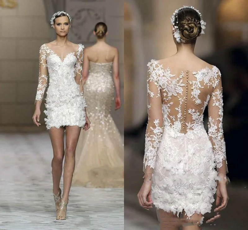 Sexy White Lace Applique Wedding Dresses Illusion Long Sleeve Sheath v Neck Bridal Gowns Custom Made Wedding Gowns