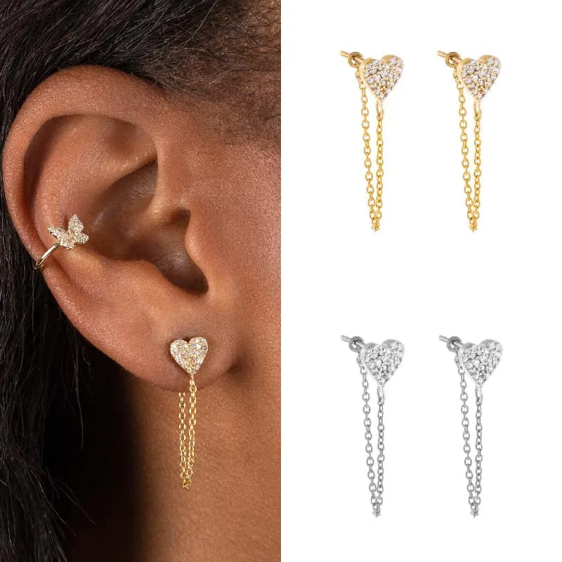 CRMYA Cute Chain Stud Earrings Heart Cubic Zirconia Silver Gold Filled Piercing Dangle Tassel Earrings Jewelry Wholesale