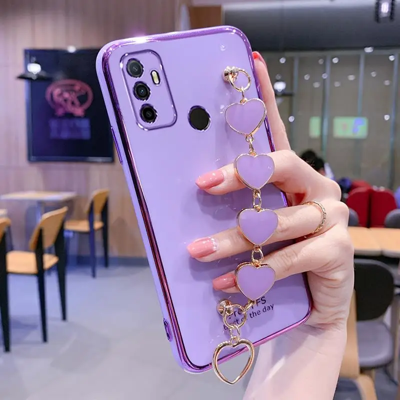 Wrist Bracelet Phone Case for Oppo A53 2020 Case Luxury Love Heart Chain Plating Cover Capa oppo A53S A32 A53 2020 Soft silicone