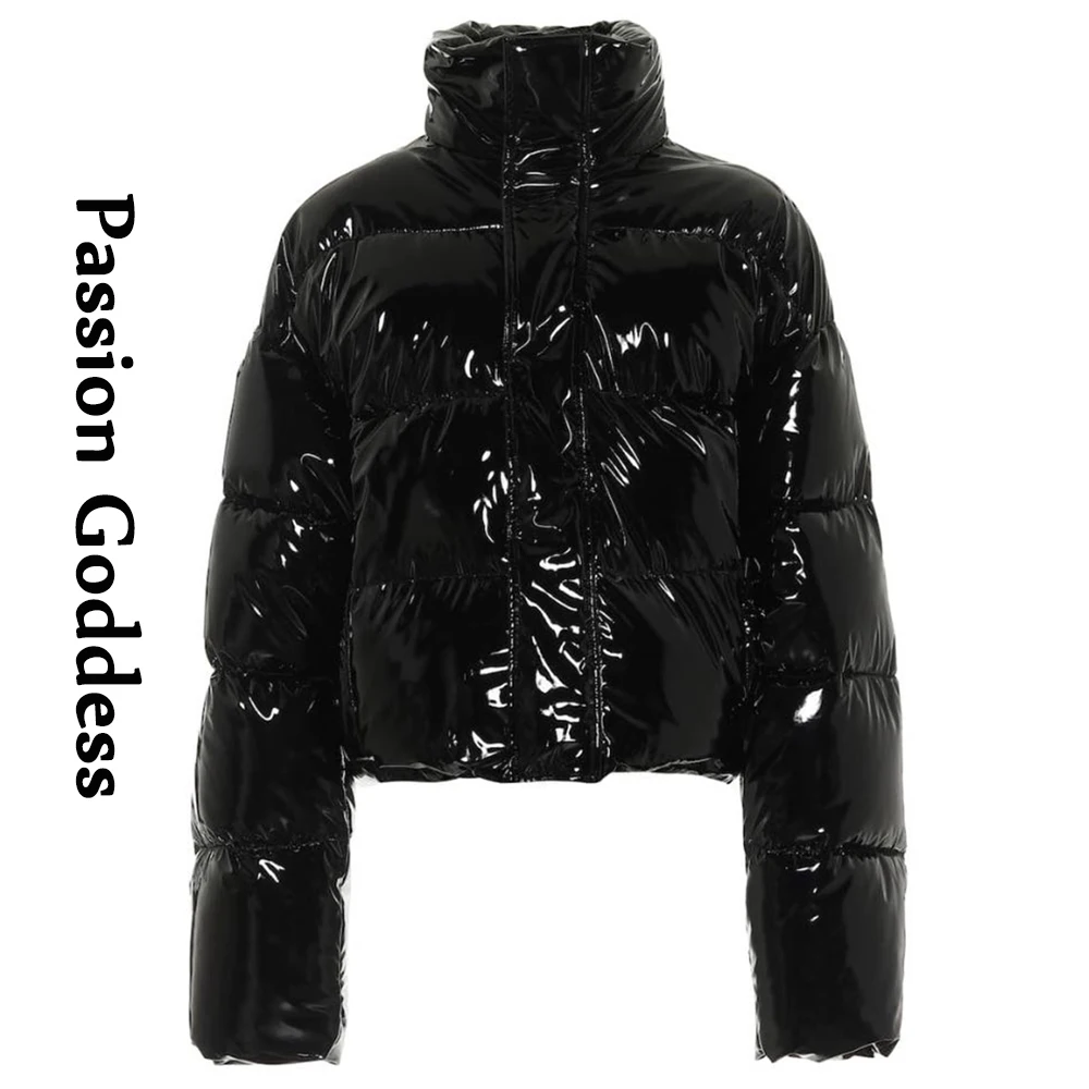 Chaqueta acolchada de piel sintética brillante para mujer, abrigo grueso de burbujas con cremallera, Parka de plumón de cuero brillante, prendas de