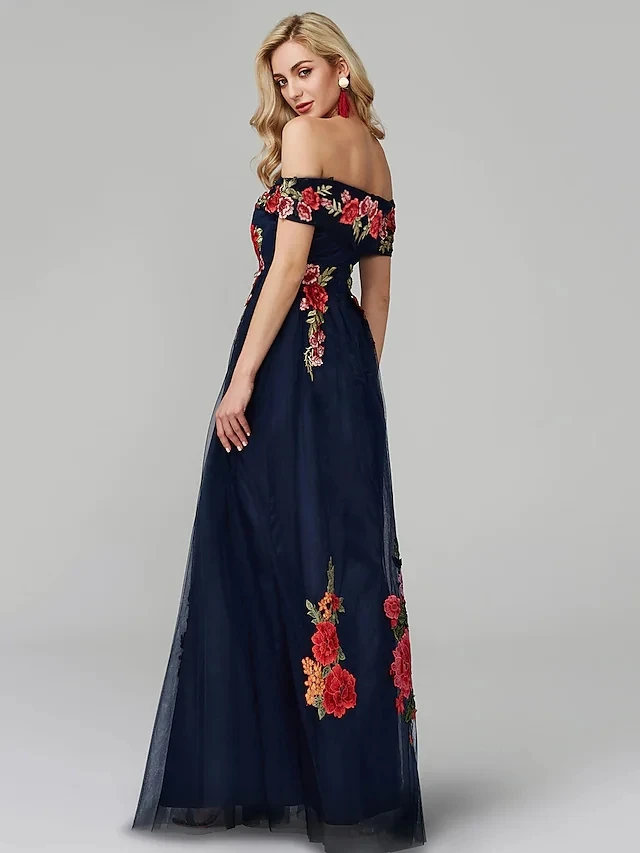 Robe De Soirée De standing noire, ligne a, motif Floral, épaules dénudées, broderie appliquée, robes De bal