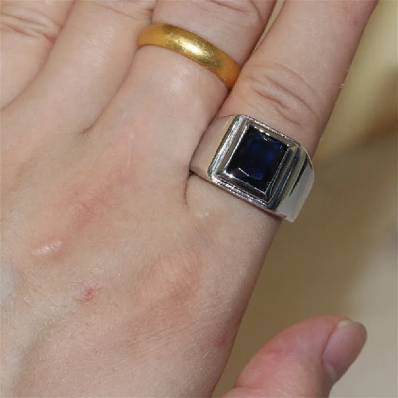 Classic 925 Sterling Silver 6 carat Square Blue Sapphire Rings Eternal Cocktail Wedding ring for Men Women jewelry boy Size 8-13