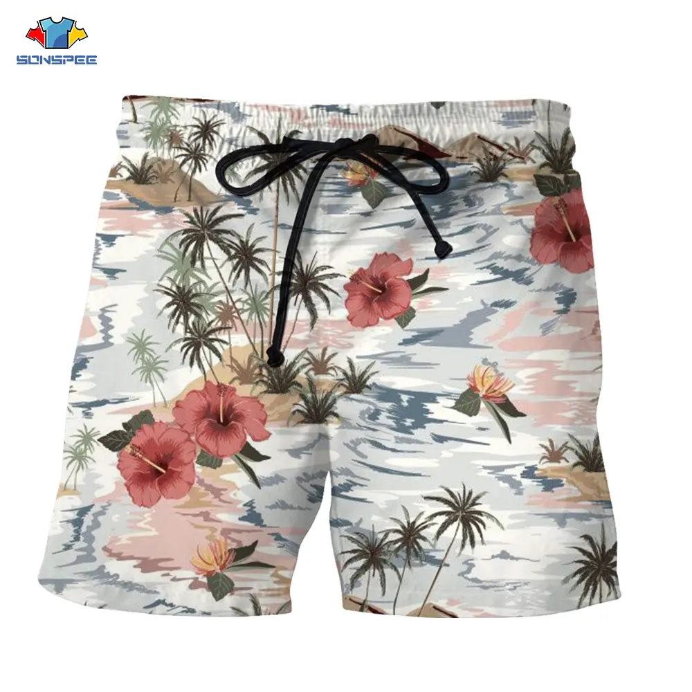 SONSPEE Palm Tree Casual Beach Men's Shorts Elastic Band Loose Breathable Quick Dry Sweatpants 3D Print Vintage Hawaiian Shorts