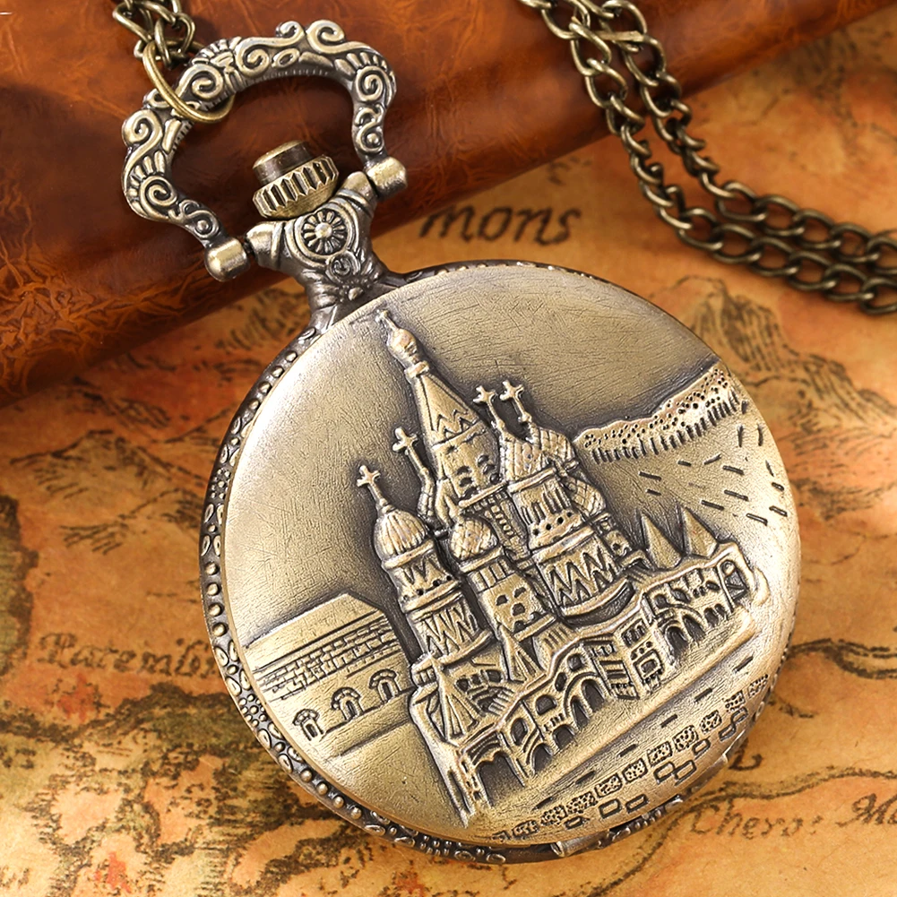 Retro Castle Design Quarz Taschenuhr Bronze Halskette Kette Uhr Männer Frauen Sammlung Vintage Steampunk Anhänger Uhr Geschenke