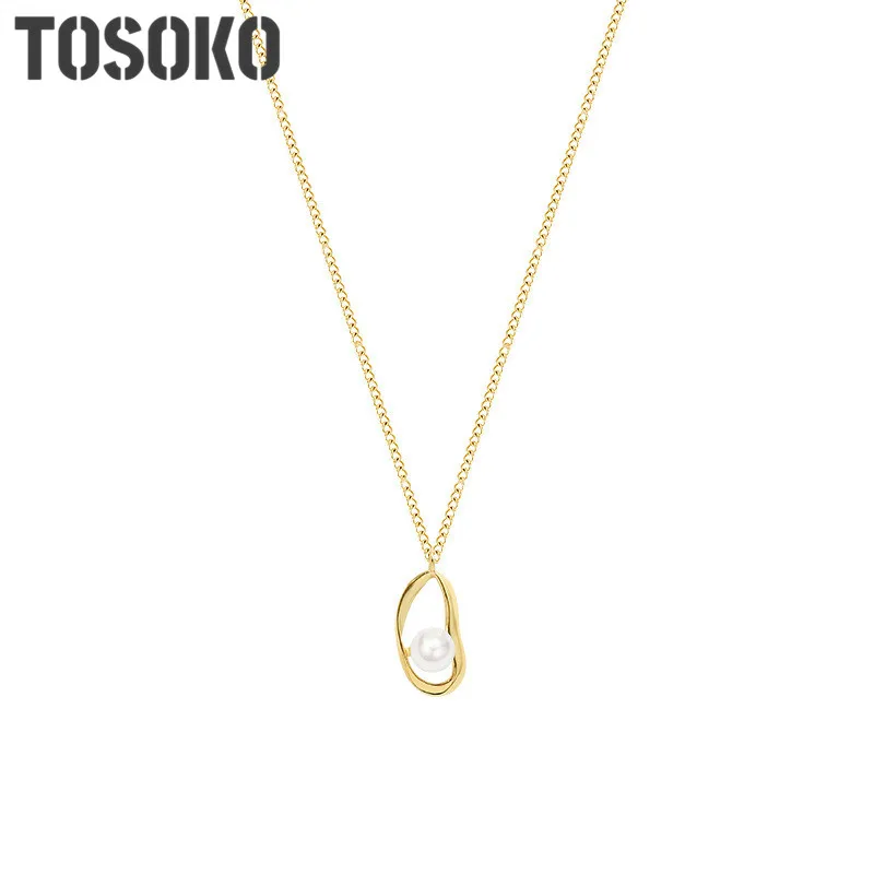 

TOSOKO Stainless Steel Jewelry Irregular Ring Pearl Necklace Elegant Clavicle Chain BSP820