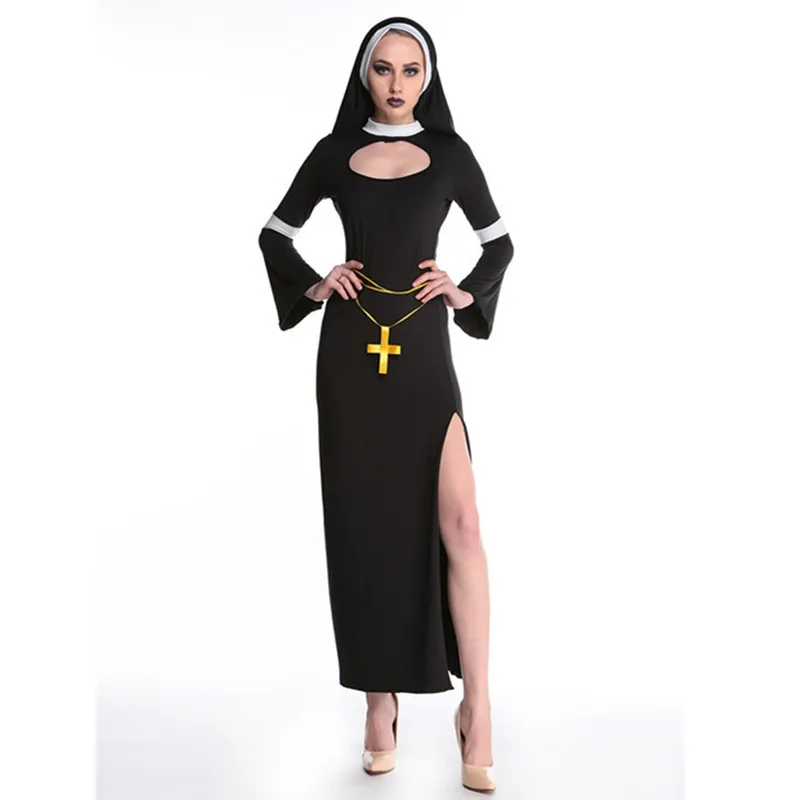 Sexy Halloween Carnival Cosplay Costume, Mulheres adultas, Irmã religiosa, Padre freira, Vestido extravagante, Vestes Longas, Retro, Quente, Sexy