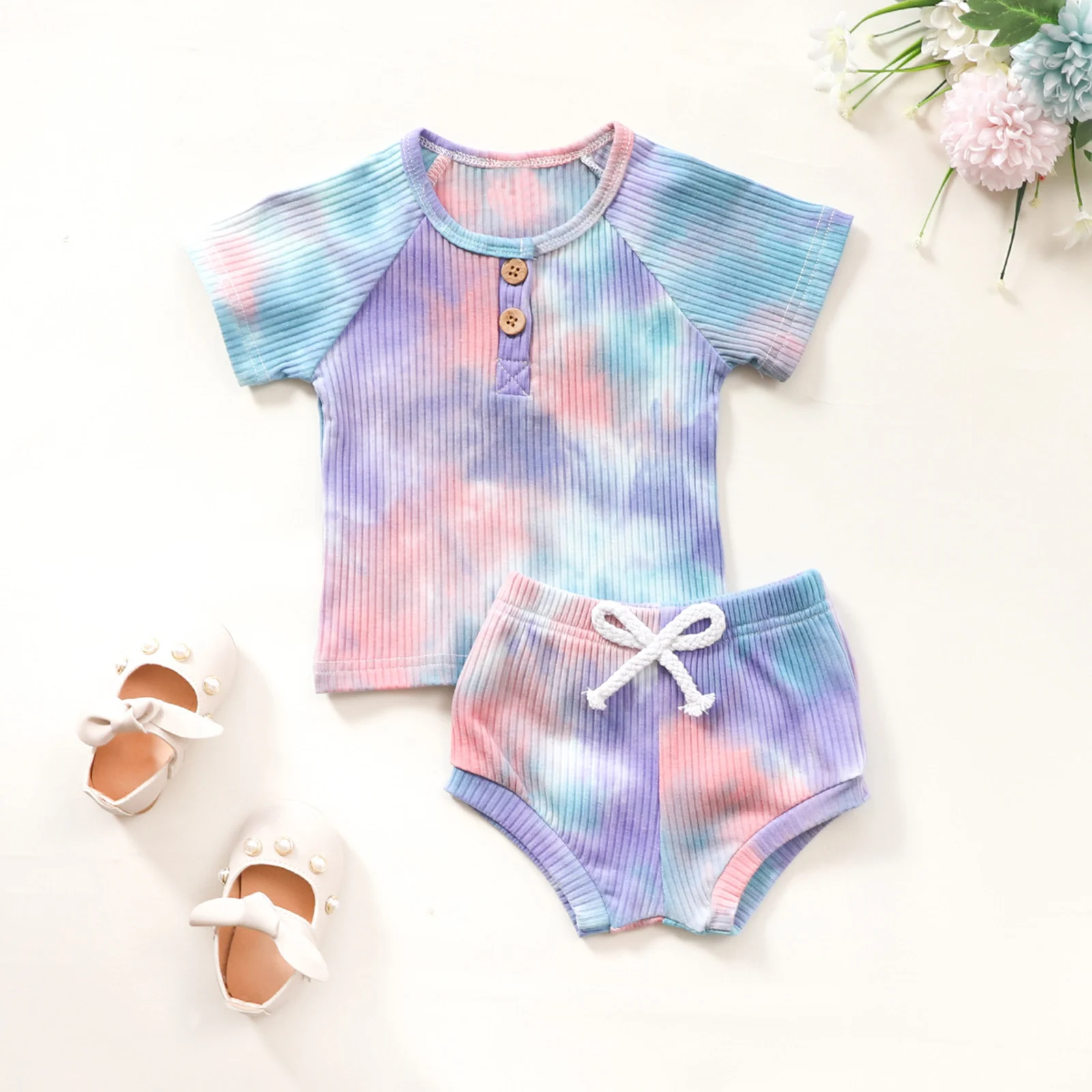 Summer 1-3Y Newborn Baby Girls Boys Clothes Sets Ribbed Knitted Short Sleeve Tie Dye Print T-shirt Tops+Shorts Tracksuits Set