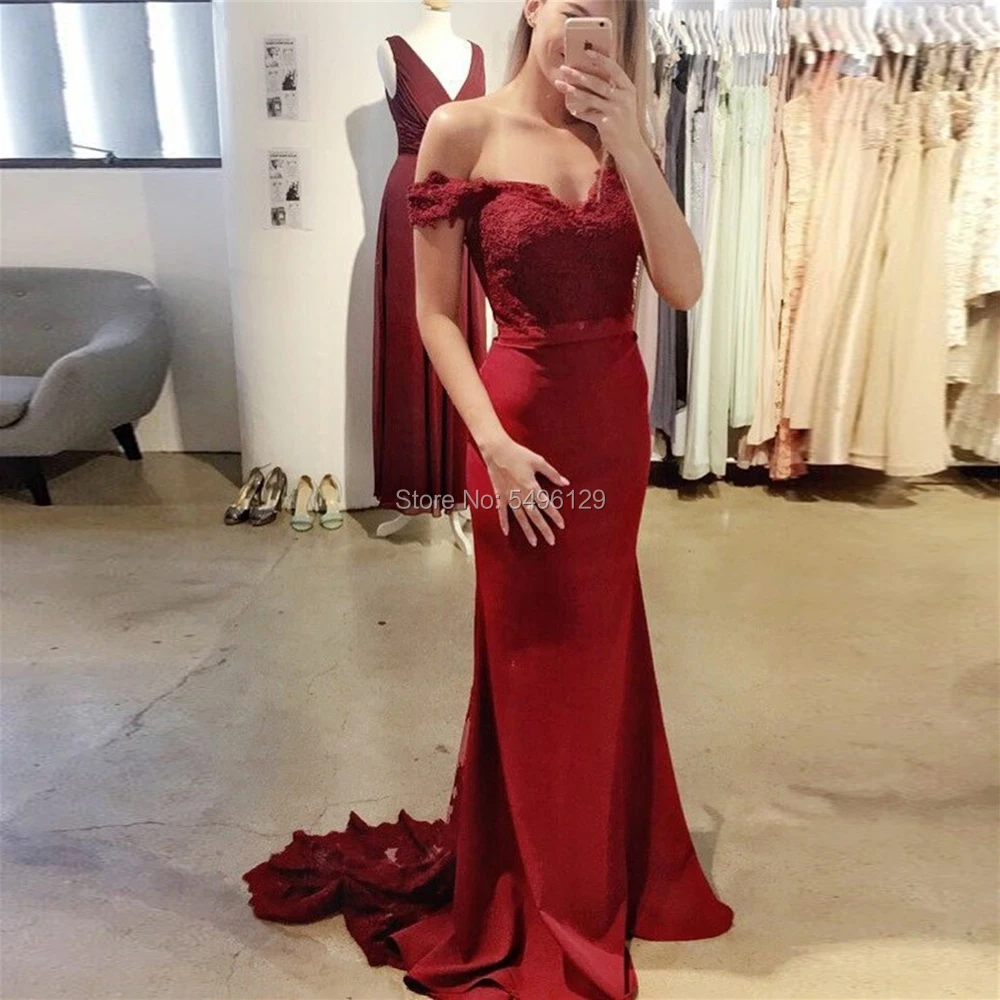 Burgundy Mermaid Bridesmaid Dresses Boat Neck Lace Elastic Satin Applique Wedding Prom Dress Cheap Women Party Gowns 2024