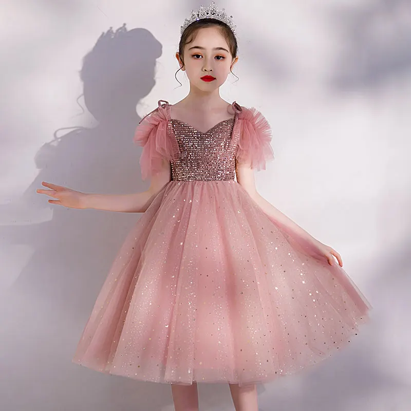 Flower Girls Dress Sequin Tutu Kids Pink Princess Dresses Children Ruffle Tulle Mid Length Party Gown Wedding Bridesmaid Fancy