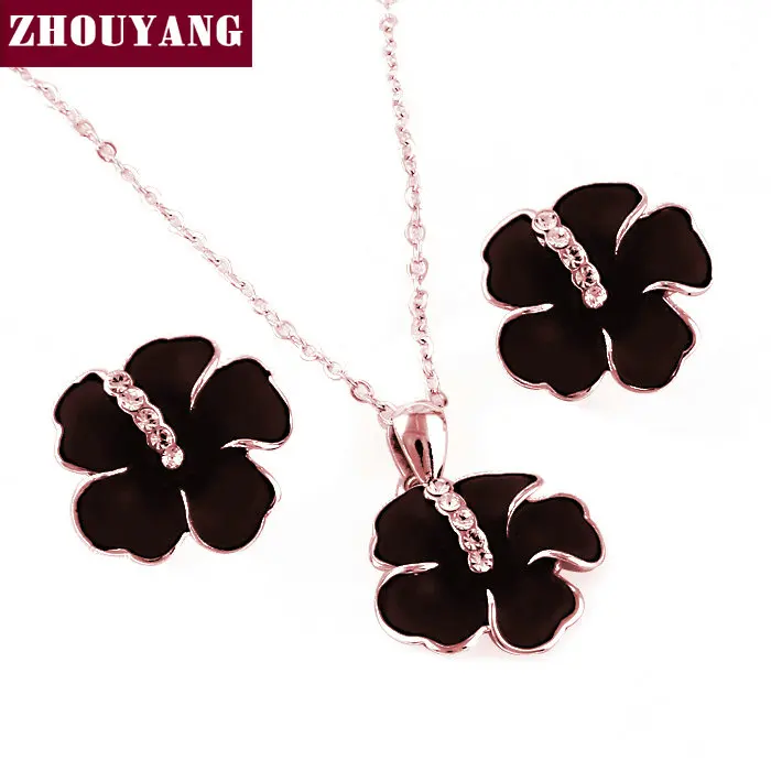 ZHOUYANG Top Quality ZYS028 Black Flower Rose Gold Color Jewelry Necklace Earring Set Rhinestone Made with Austrian Crystals