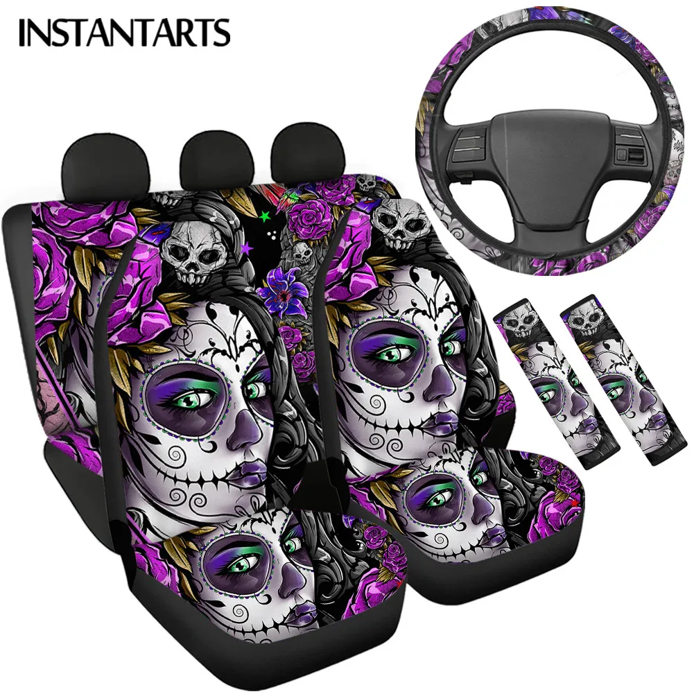 INSTANTARTS Day of the Dead Gothic Full Set Car Interior Seat Protector Sugar Skull Stylish teering Wheel Cover Seatbelt Cover