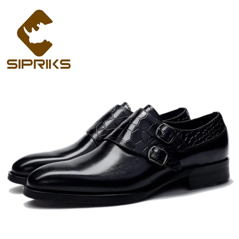 Sipriks Mens Double Monk Straps Shoes Real Leather Black Buckle Shoes Boss Male Blake Formal Tuxedo Shoes Gents Social Euro 44